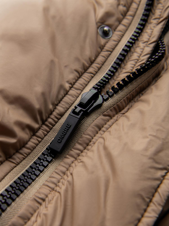 Men's long puffer jacket with snap pockets - brown V2 OM-JALJ-0186