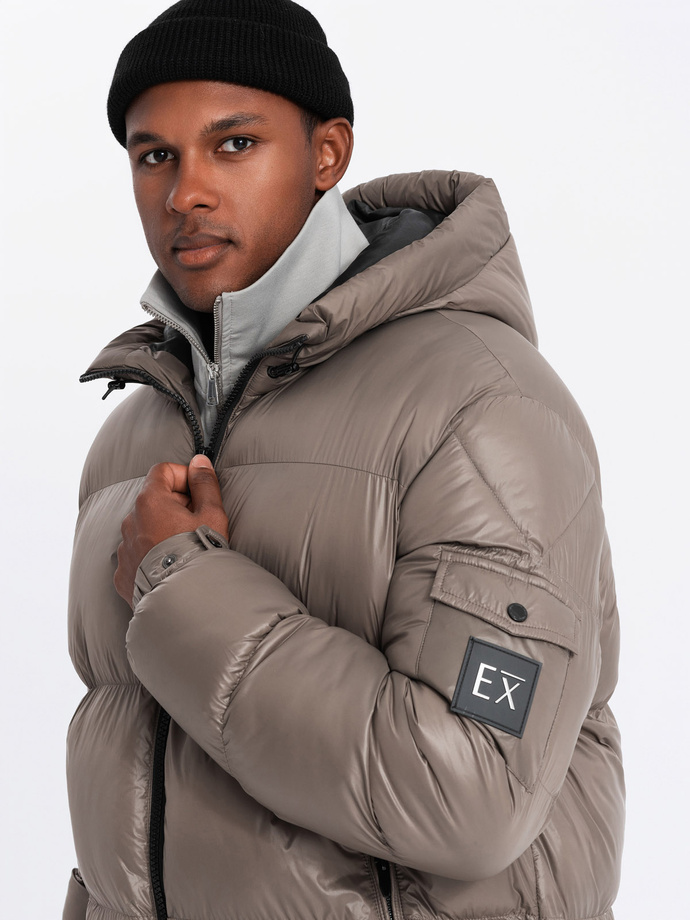 Warm men's puffer jacket with welts - dark beige V3 OM-JAHP-0207