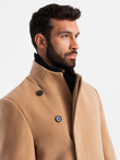 Men's coat with asymmetrical fastening and high collar - light brown V4 OM-COWC-0120