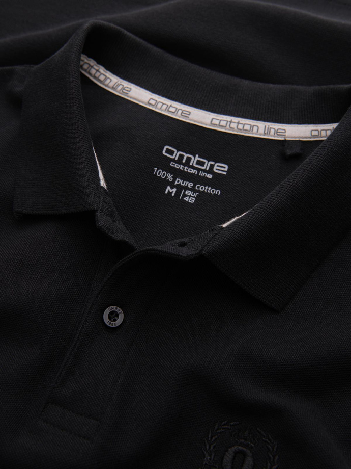 Jednokolorowa koszulka męska polo BASIC z dzianiny pique - czarna V1 OM-POBS-0100