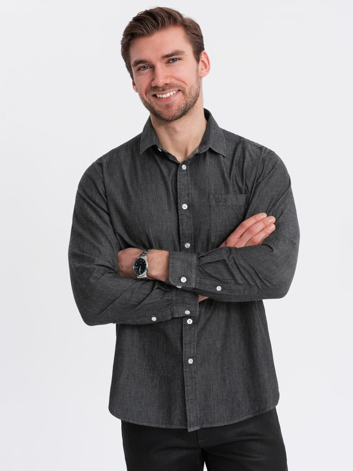 Męska jeansowa koszula z haftowaną kieszonką – czarna V2 OM-SHDS-0181