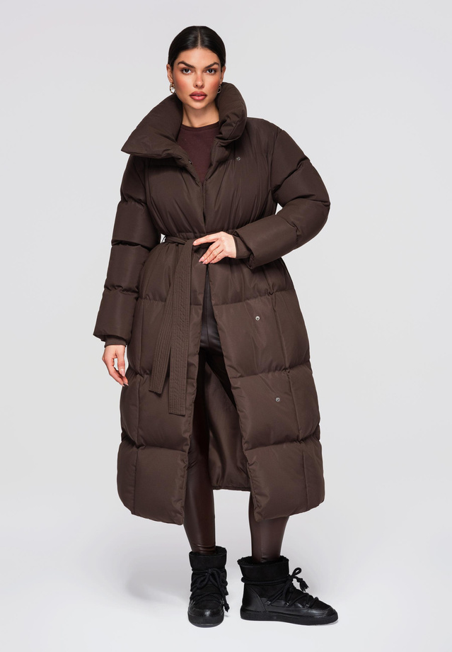 Women's quilted long jacket with belt OW-JALJ-0104 v3 - brown