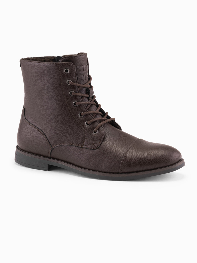 Buty męskie z ekoskóry z ocieplaną wysoką cholewką – ciemnobrązowe V2 OM-FOBO-0172 (BROWN)