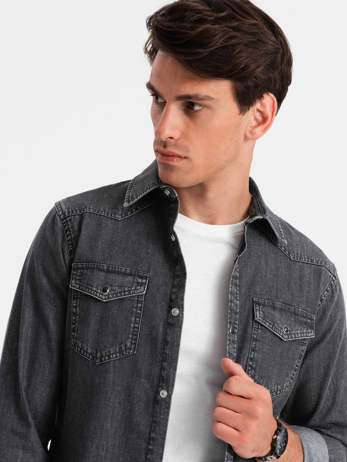 Men's denim snap shirt with pockets - black V3 OM-SHDS-0115
