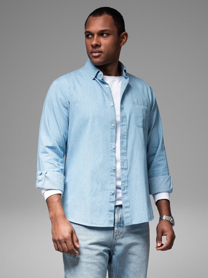 Men's patterned thin denim shirt with pocket - light blue V1 OM-SHDS-0179