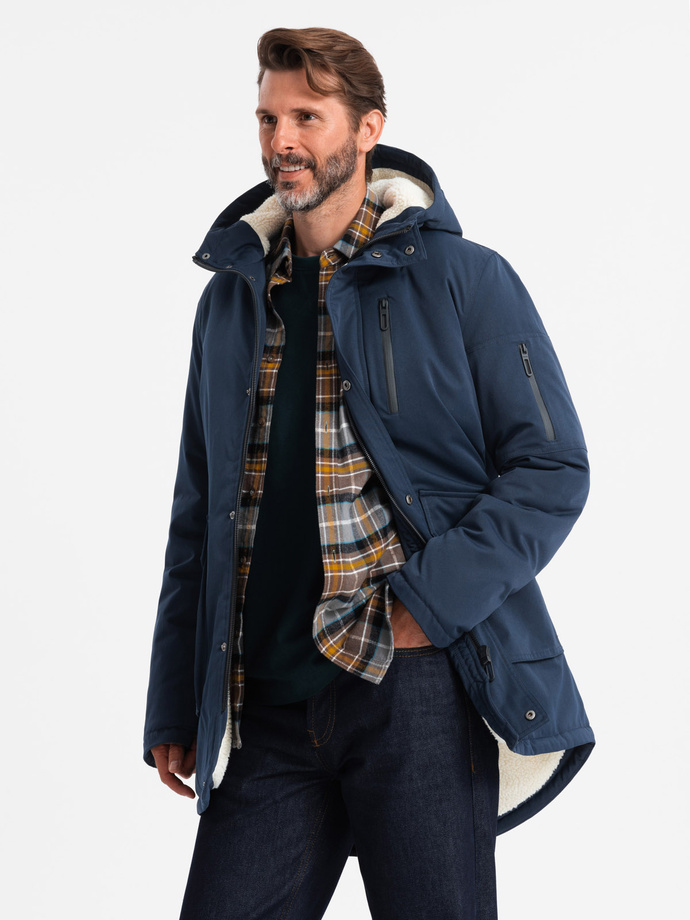 Men's long parka sherpa jacket – navy blue V2 OM-JALJ-0181