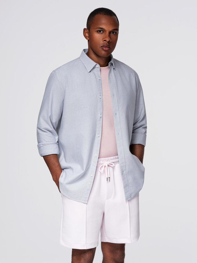 Elegant men's oxford shirt with embroidery - blue V1 OM-SHOS-0172