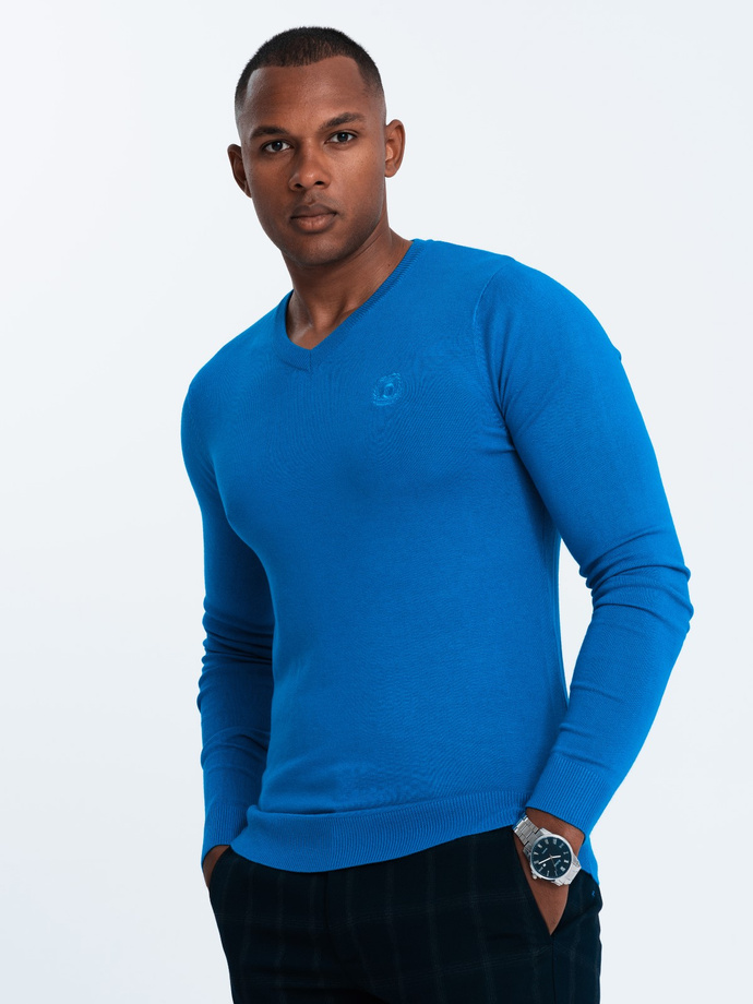 Elegant men's sweater with a v-neck - blue V19 OM-SWBS-0107