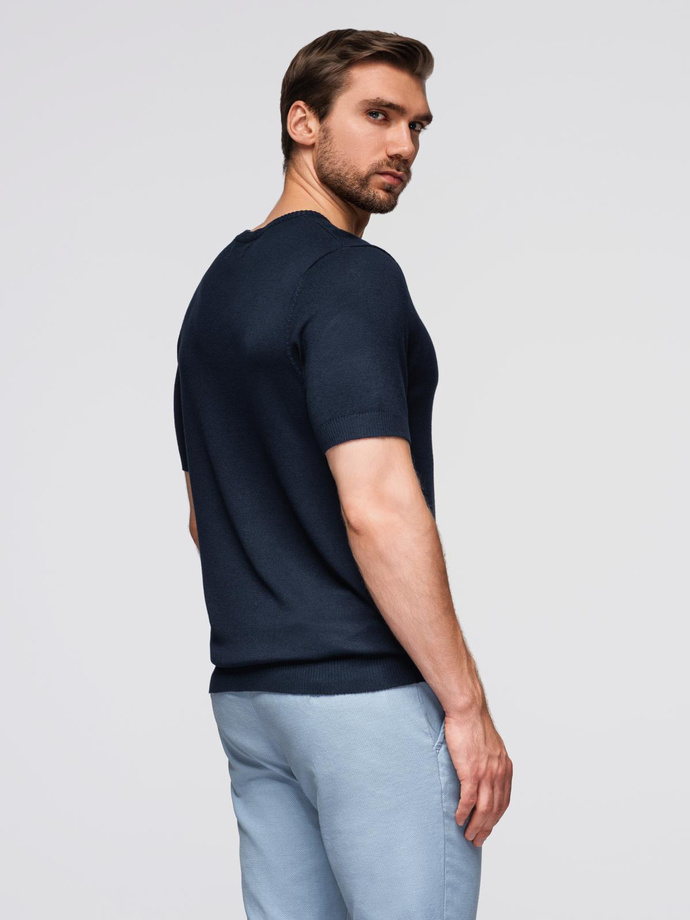 Men's classic knitted shirt with ribbed cuffs - navy blue V1 OM-TSCT-0252