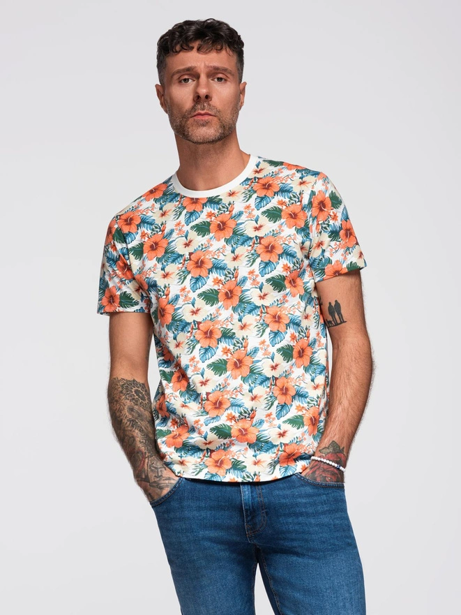 Men's cotton t-shirt with floral full print pattern - white V1 OM-TSFP-0249
