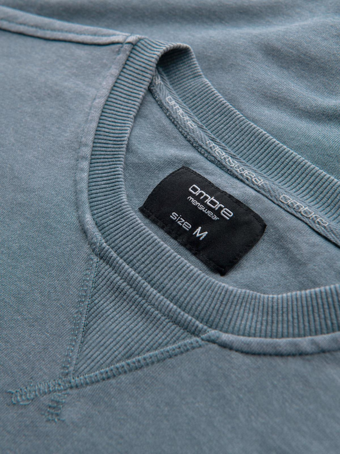 Washed men's sweatshirt with decorative stitching at the neckline - light blue V3 OM-SSDS-0131