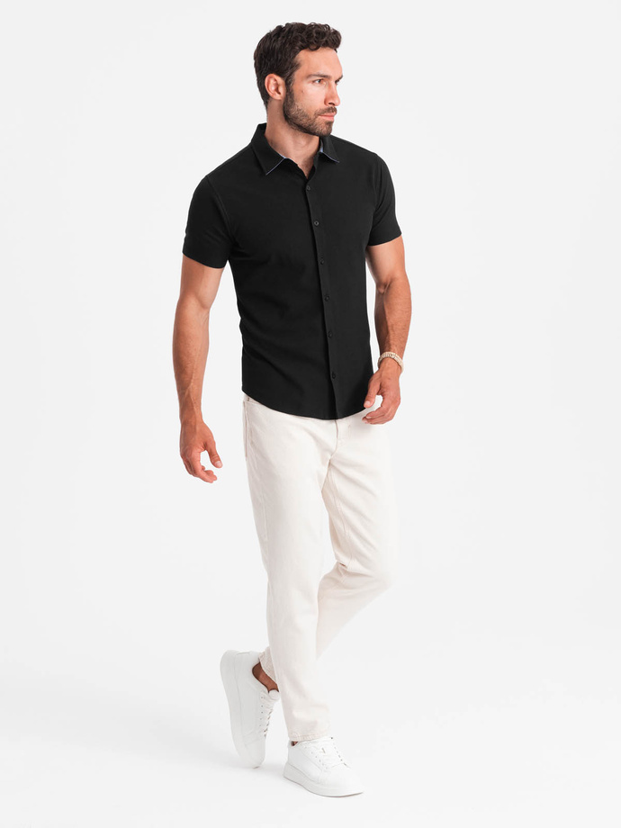 Men's knitted slim fit shirt with short sleeves and collar - black V4 OM-SHSS-0100
