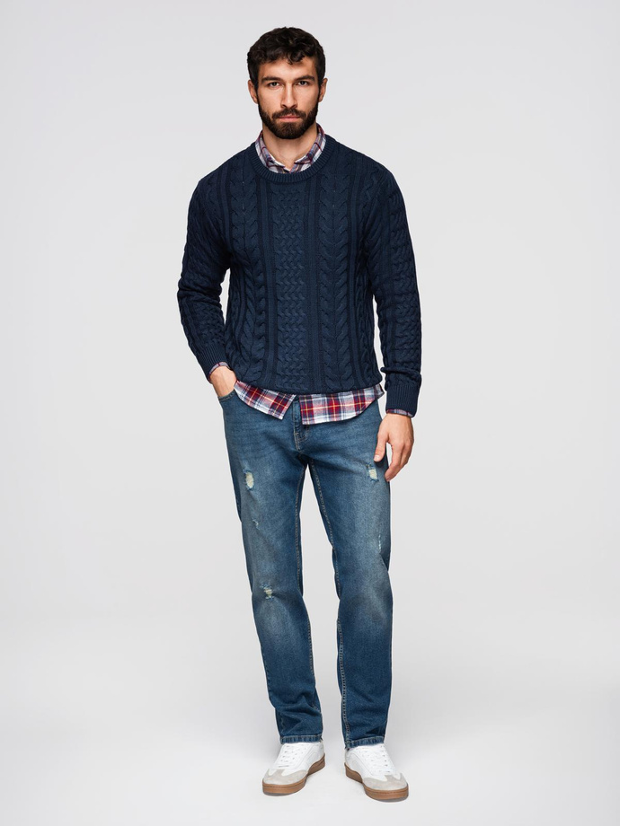 Męskie spodnie jeansowe REGULAR FIT z przetarciami - ciemnoniebieskie V2 OM-PADP-0254