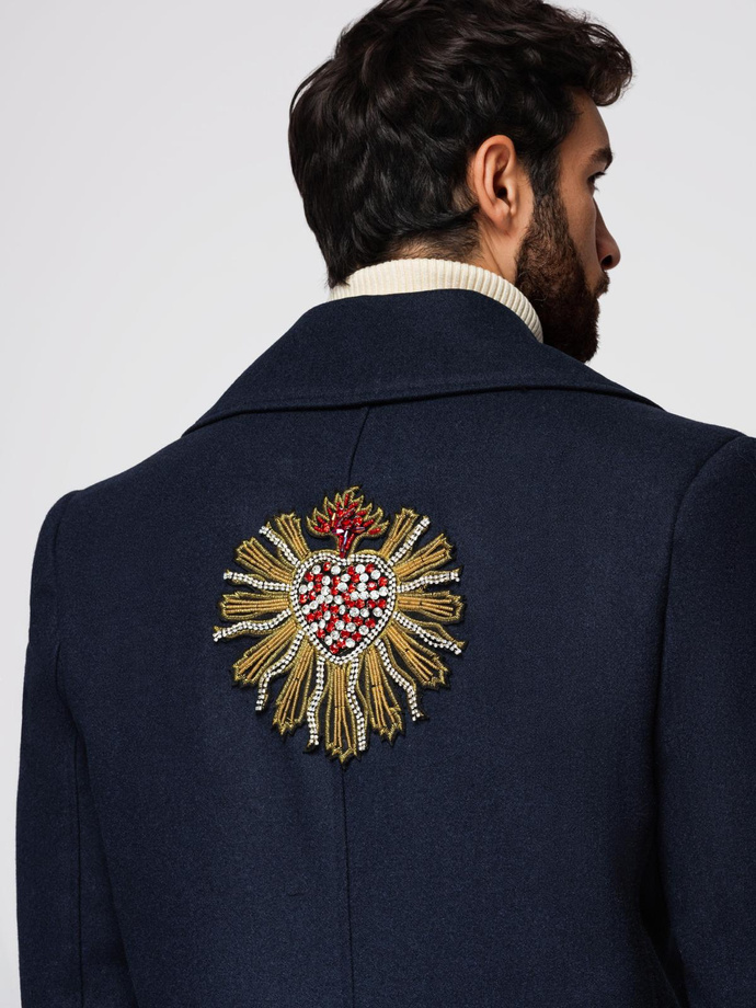 Men's double-breasted coat with wool and decorative appliqués - V1 navy blue OM-COWC-0149