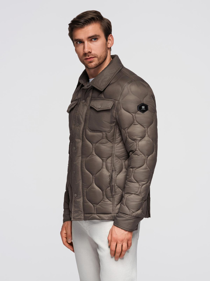 Men's quilted jacket in shirt cut - khaki V3 OM-JALP-0215