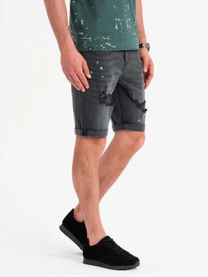 Men's short denim shorts with rubbing and rolled up leg - gray V3 OM-SRDS-0186