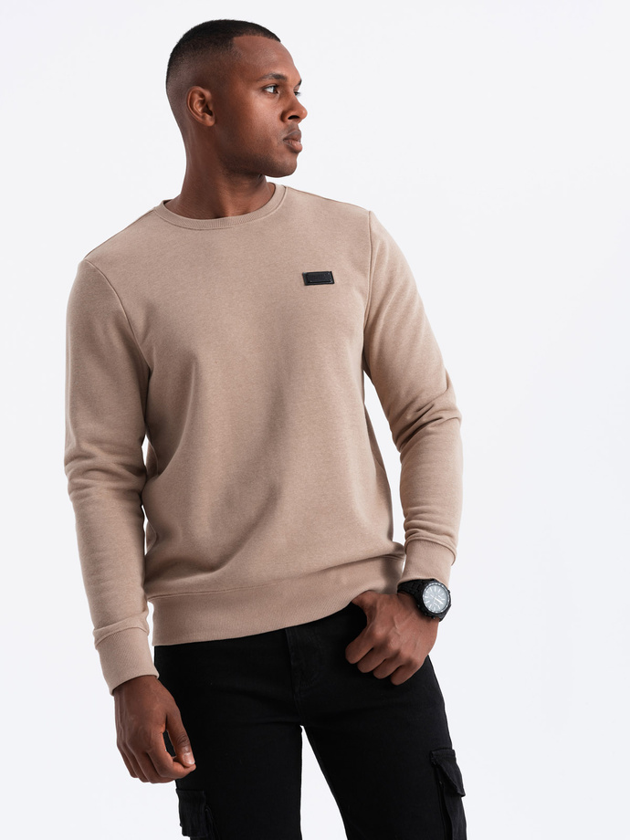 Men's non-stretch sweatshirt with metal pin - beige V1 OM-SSNZ-0136