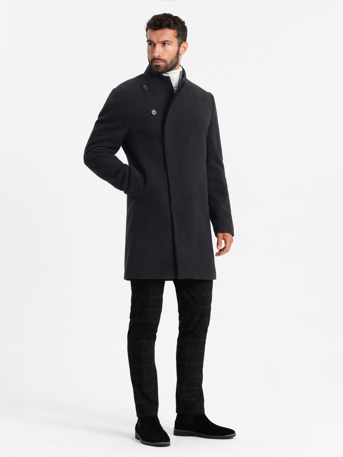 Men's coat with high collar and asymmetrical fastening - black V2 OM-COWC-0120