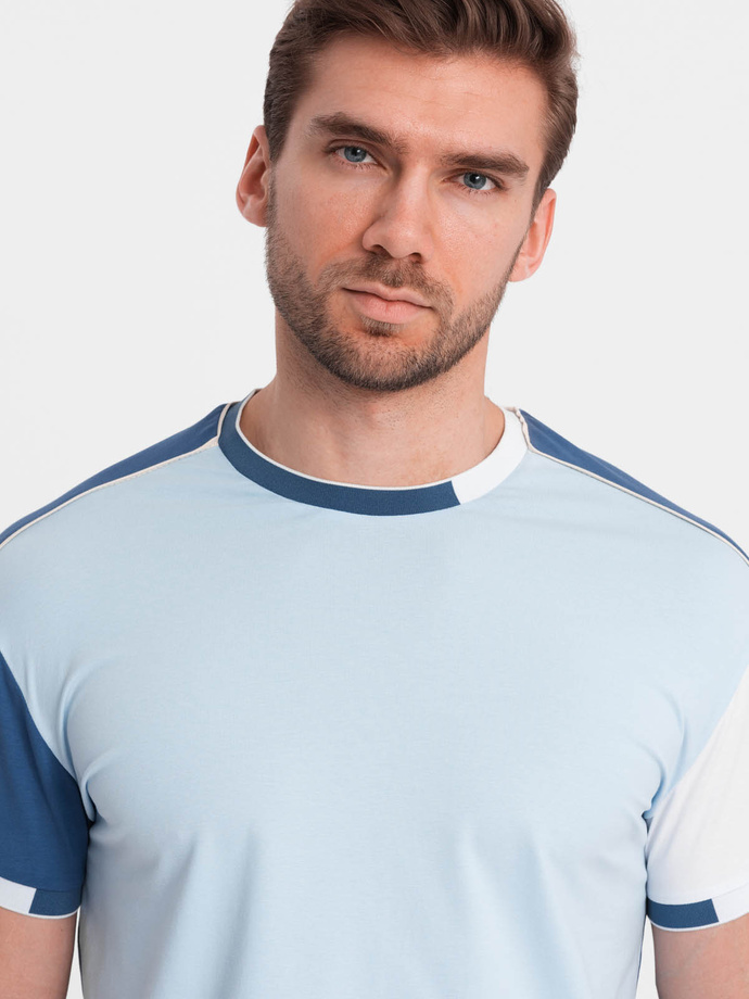 Męski t-shirt z elastanem z kolorowymi rękawami - niebieski V2 OM-TSCT-0176