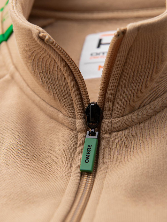 Men's unbuttoned sweatshirt with piping and high collar - brown V1 OM-SSZP-0224