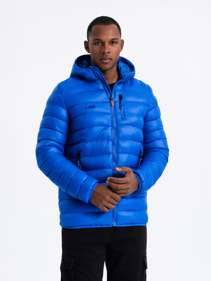 Men's quilted jacket with hood - blue V1 C549