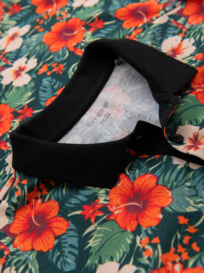 Cotton polo shirt with floral print - black V2 OM-POSS-0149