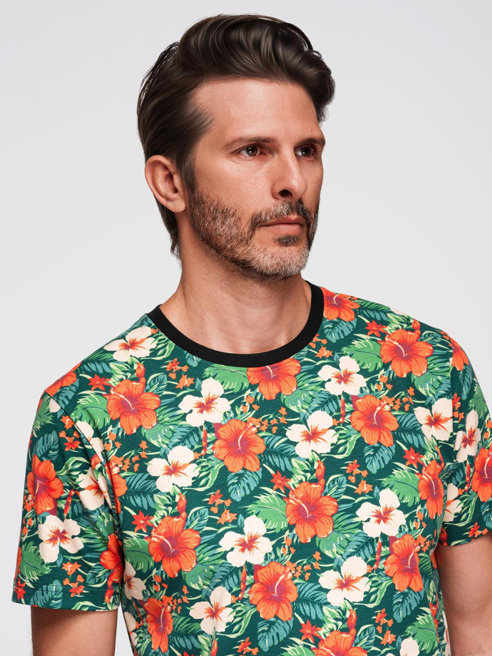 Men's full print floral pattern cotton t-shirt - black V2 OM-TSFP-0249
