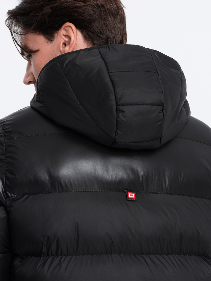 Men's winter quilted jacket of combined materials - black V1 OM-JAHP-0145