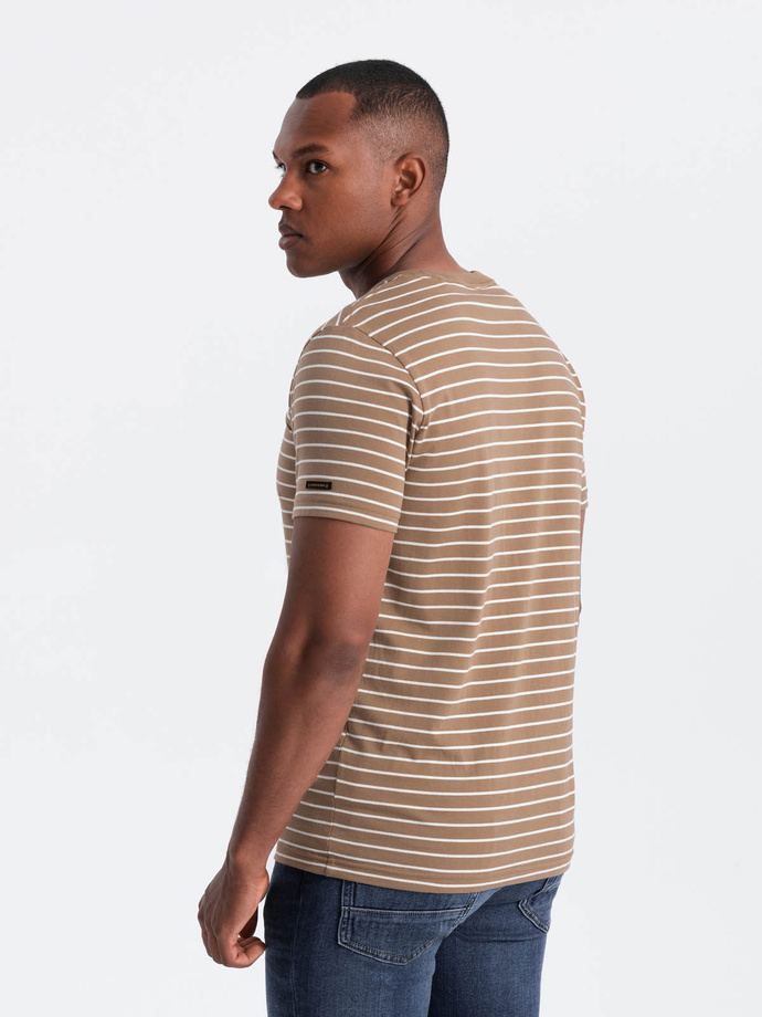 Men's striped t-shirt with Ombre Design patch - brown and white V7 OM-TSCT-0183