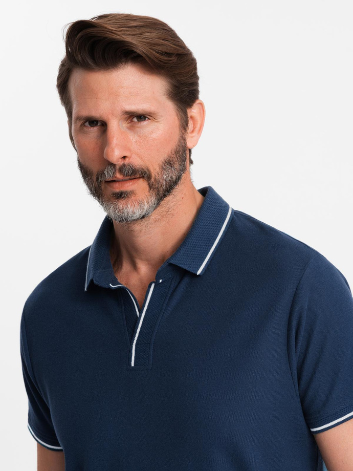 Men's pique knit polo shirt without buttons - navy blue V3 OM-POSS-0110