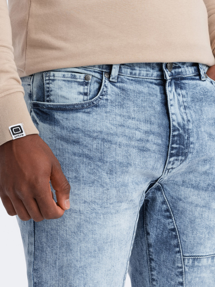 Jeansowe spodnie męskie TAPERED FIT z przeszyciami i podwiniętymi nogawkami – błękitne V1 OM-PADP-0161