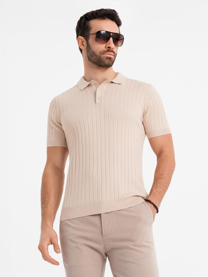 Męska koszulka polo z wiskozą SLIM FIT w pionowy prążek – beżowa V2 OM-POSS-0143