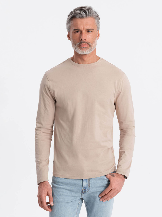 Męski longsleeve BASIC z okrągłym dekoltem - beżowy V8 OM-LSBL-0106