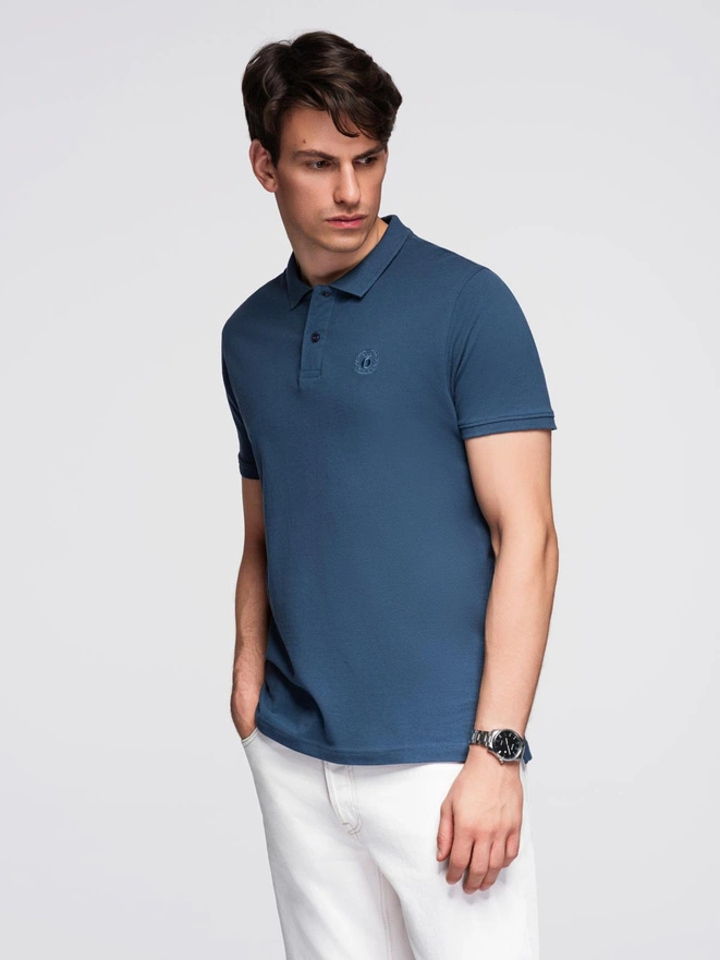 BASIC men's single color pique knit polo shirt - dark blue V13 OM-POBS-0100