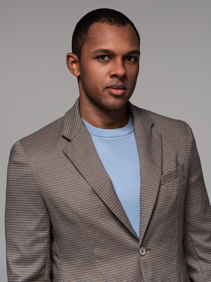 Marynarka męska casual w delikatną kratkę - brązowa V1 OM-BLZB-0116