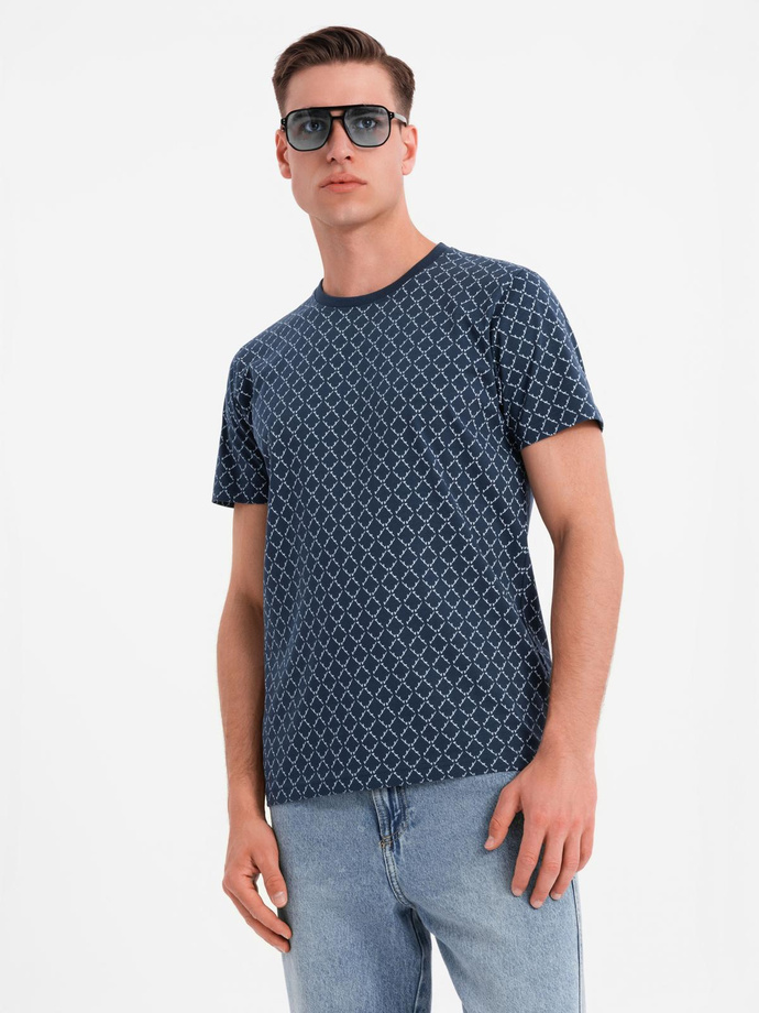 Męska koszulka dzianinowa z nadrukiem full print – granatowa V1 OM-TSFP-0250