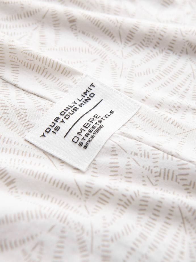 T-shirt męski fullprint w liście palmy - jasnobeżowy V1 OM-TSFP-0182