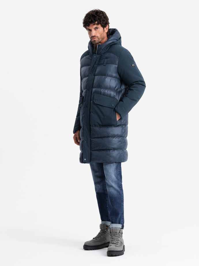Men's quilted long jacket with large pockets - navy blue V4 OM-JALJ-0165