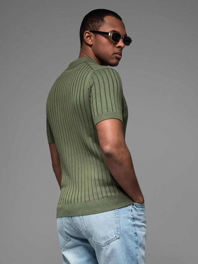 Men's SLIM FIT viscose vertical stripe polo shirt - olive V4 OM-POSS-0143