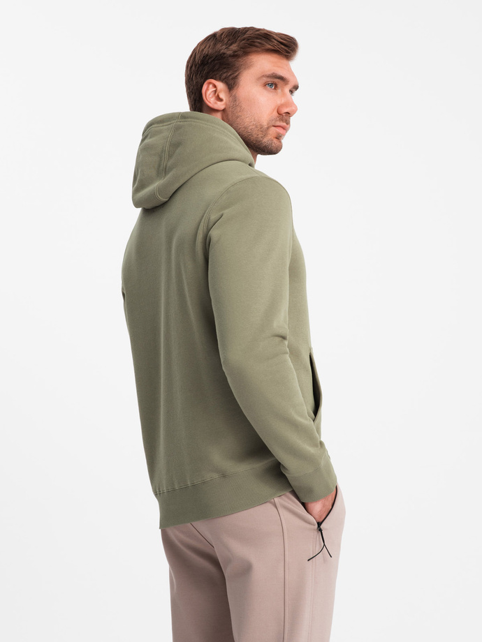 Men's kangaroo sweatshirt with hood and metal pin - olive V2 OM-SSNZ-0141
