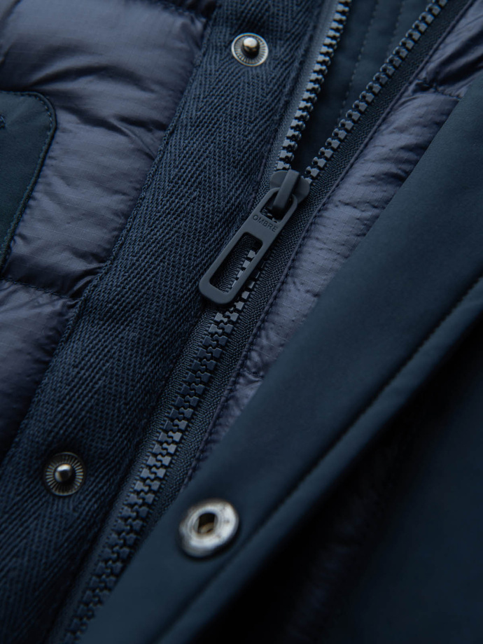 Men's quilted long jacket with large pockets - navy blue V4 OM-JALJ-0165