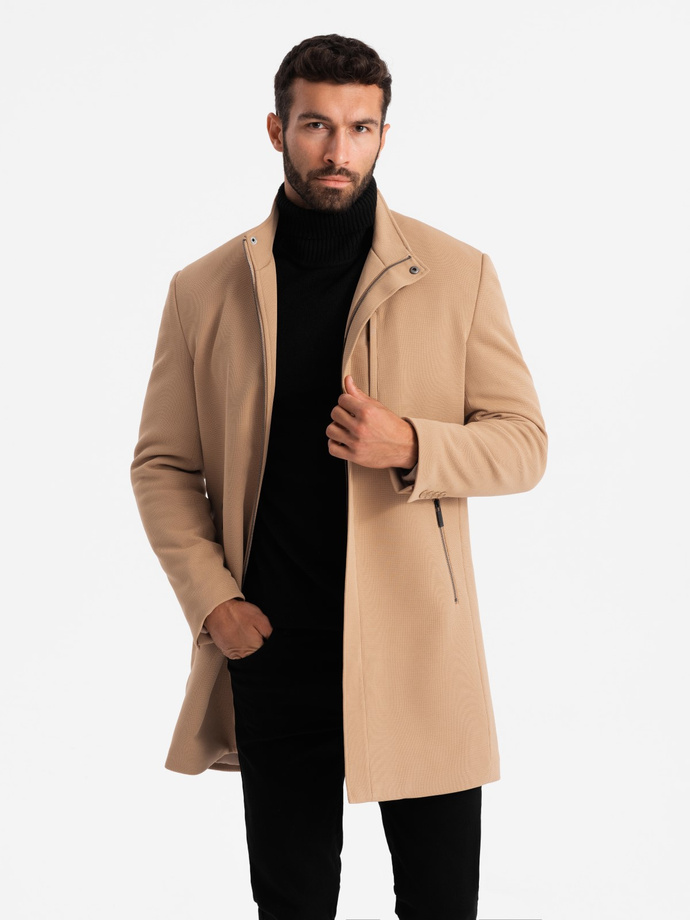 Structured fitted coat for men with high collar - light brown V4 OM-COWC-0117