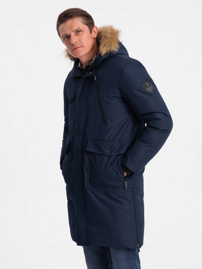 Alaskan men's winter jacket with detachable fur from the hood - navy blue V1 OM-JALJ-0148