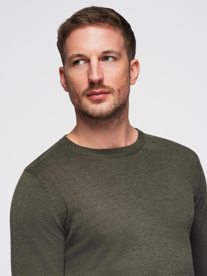 Men's BASIC viscose classic sweater with round neckline - olive melange V17 OM-SWBS-0106