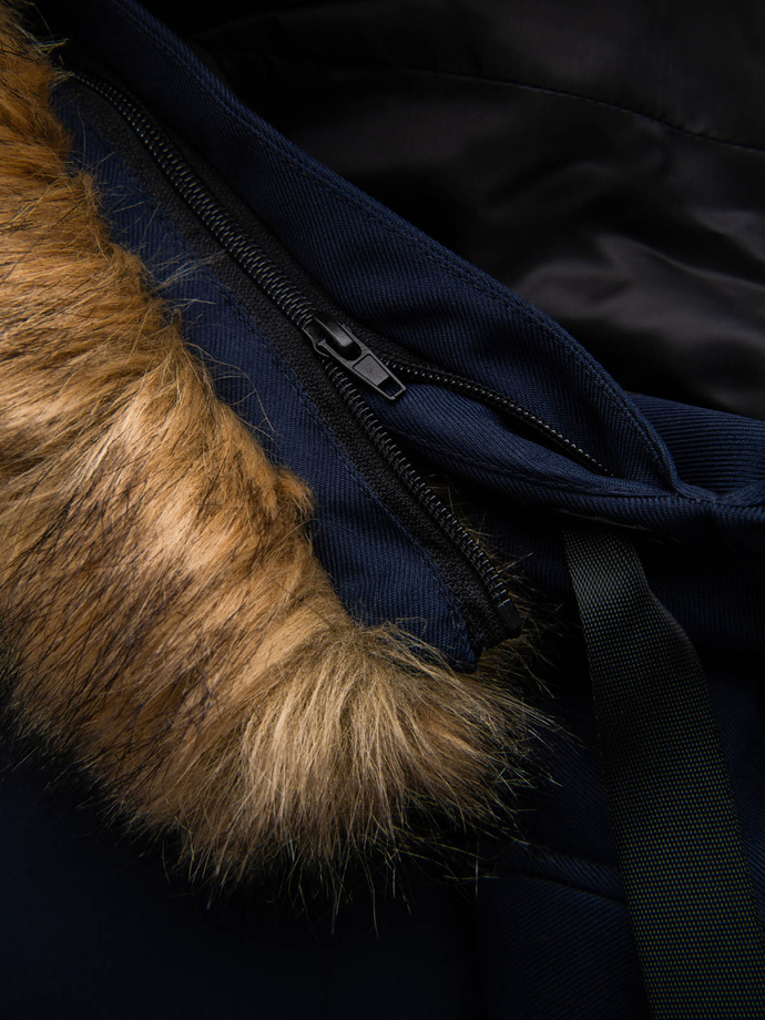 Długa ciepła kurtka męska z kapturem typu parka – granatowa V1 OM-JALJ-0182