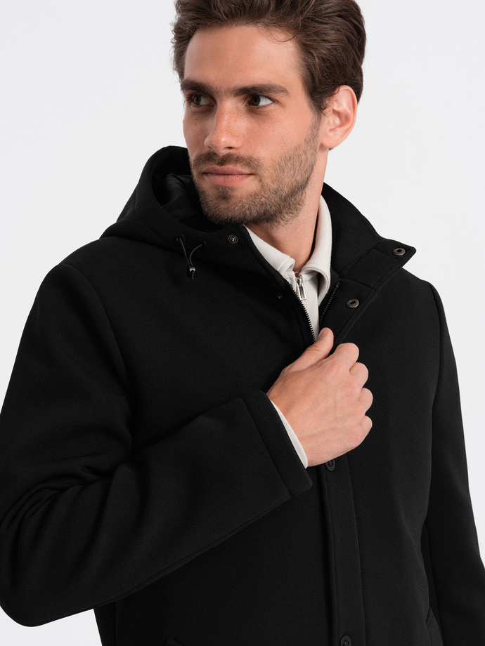 Men's insulated coat with hood and concealed zipper - black V1 OM-COWC-0110
