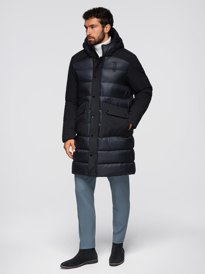 Men's long quilted jacket with large pockets - black V1 OM-JALJ-0308