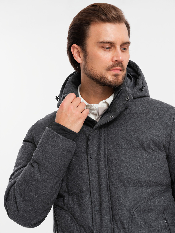 Casualowa męska kurtka puffer z wełną – czarny melanż V2 OM-JAHP-0203