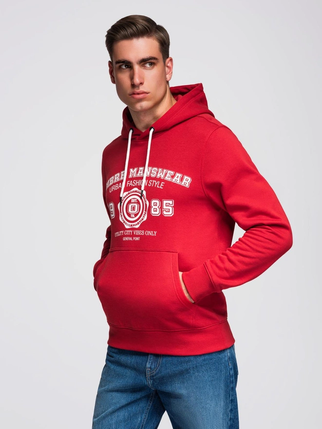 Men's hooded sweatshirt with college print - red V1 B1714