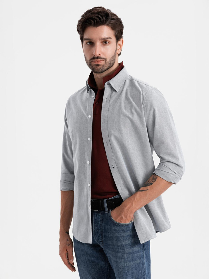 Elegancka koszula męska oxford z haftem – jasnoszara V2 OM-SHOS-0172
